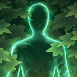 A transparent glowing green figure stands partially shrouded by leaves.