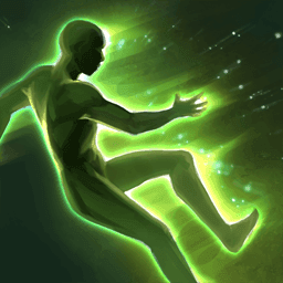 A green glowing figure is jumping nimbly backwards to the left. They leave a trail of white and light green behind implying they are moving quickly
