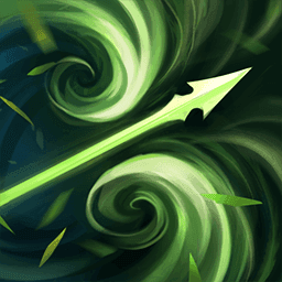 A light green glowing arrow flies in from the left cutting across the center of the image. Two green swirls of wind circle above and blow the arrow with small leaves caught in them. 