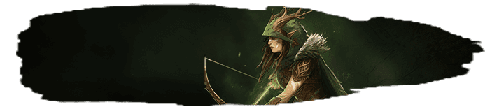 Py'Rai ranger elf glowing green with arrow notched ready to shoot on a misty green backdrop