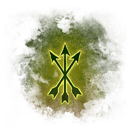 Three arrows splayed out with the points of the arrow facing upwards, green in color