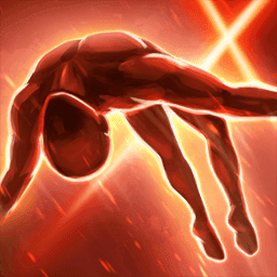 a figure shrouded in orange light leaping in the air mid-back flip, narrowly dodging various swipes from blades