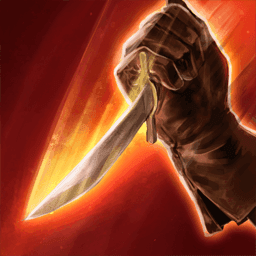 a gloved hand firmly grasps a dagger, plunging it downward in a fierce stabbing motion
