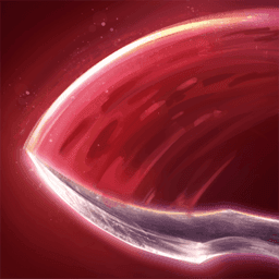 a curved silver blade cuts through the air quickly leaving behind a trail across a blood red backround