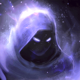 a hooded figure in smoky purple cape leers from under the hood. Only their glowing white eyes are visible.
