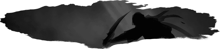 Silhouetted Rogue with a clawed left hand extended out and lifted to its shoulder on top of a misty grey background 