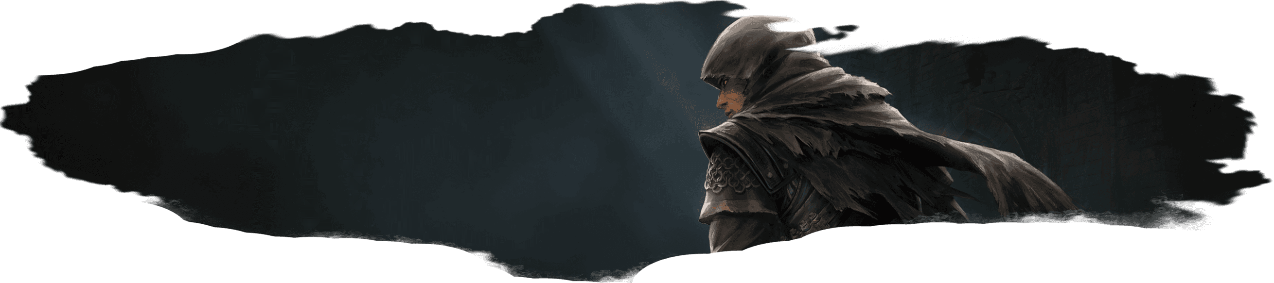 A hooded figure with a blade in their left hand walks away while looking over their shoulder with one glowing red eye