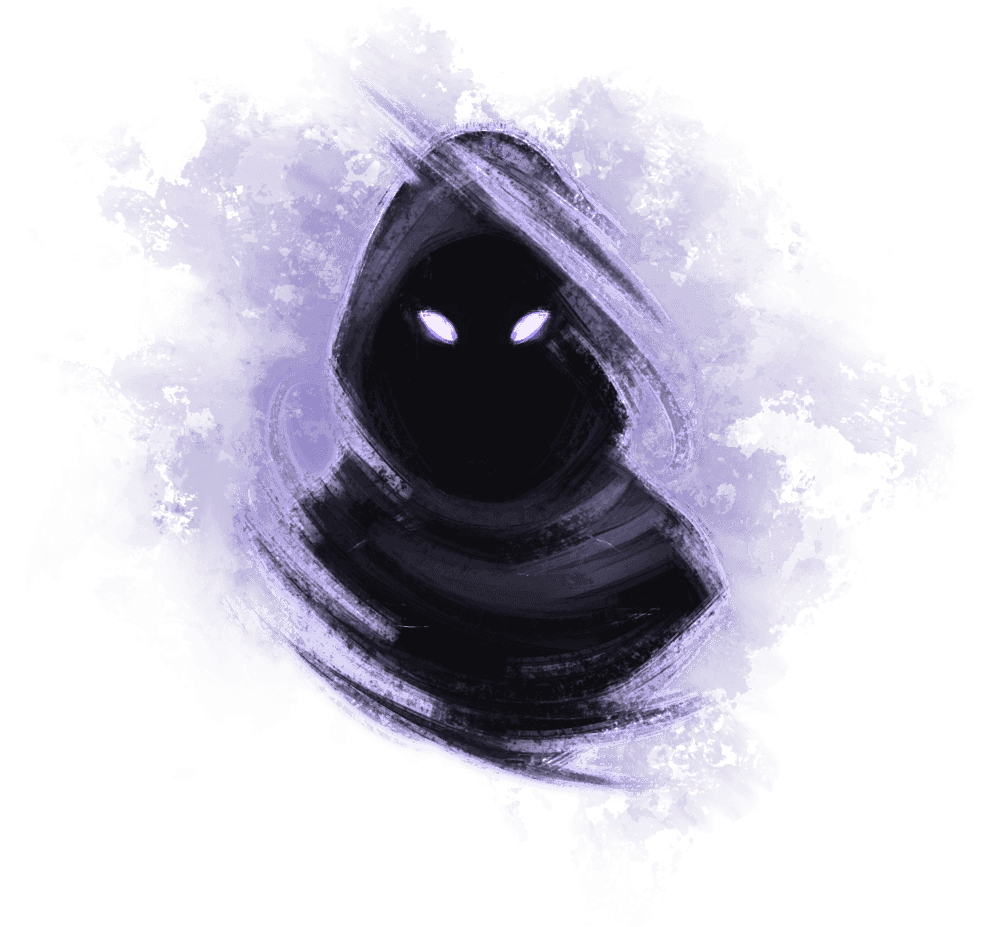 Glowing purple eyes in a hooded bust silhouette with the edges turning to smoke 