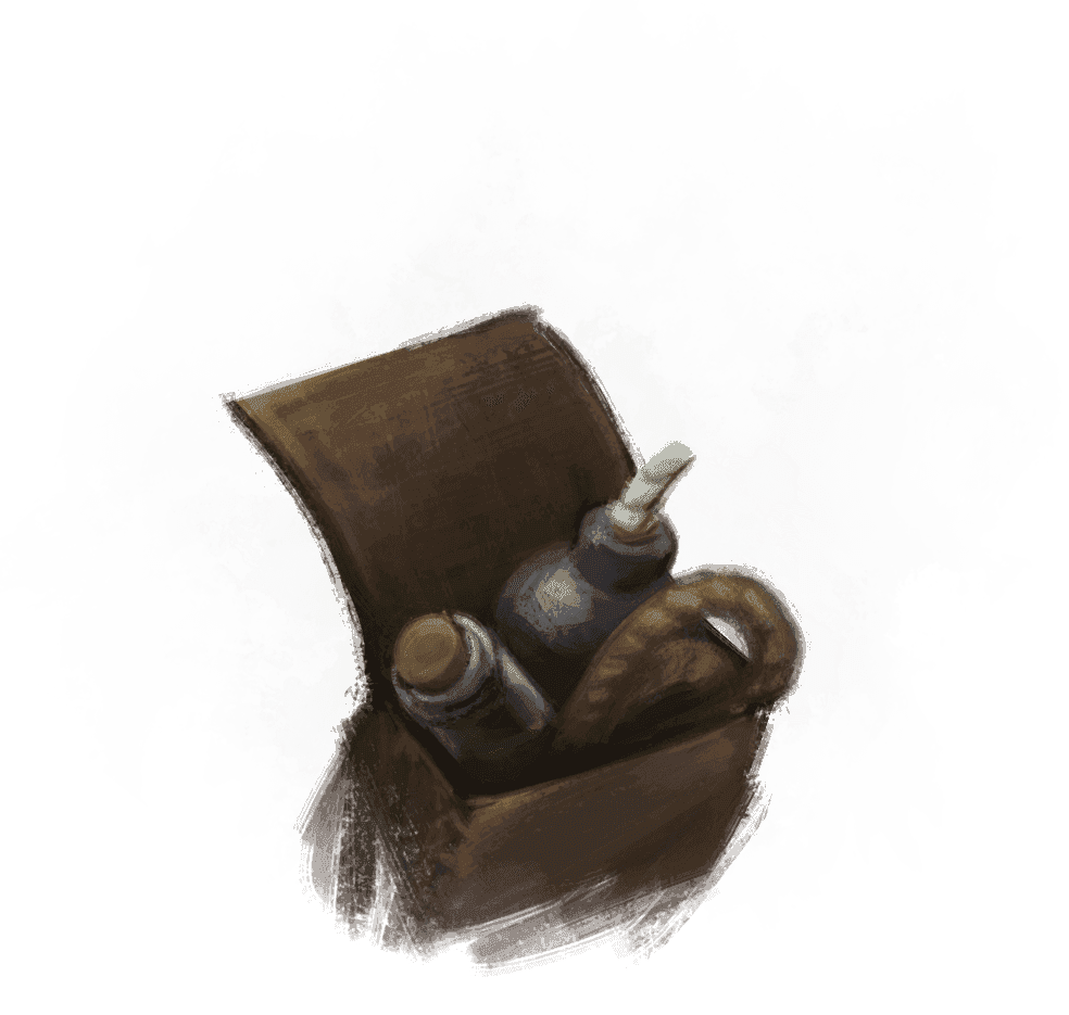 An open leather pouch with a bomb, rope, and potion inside