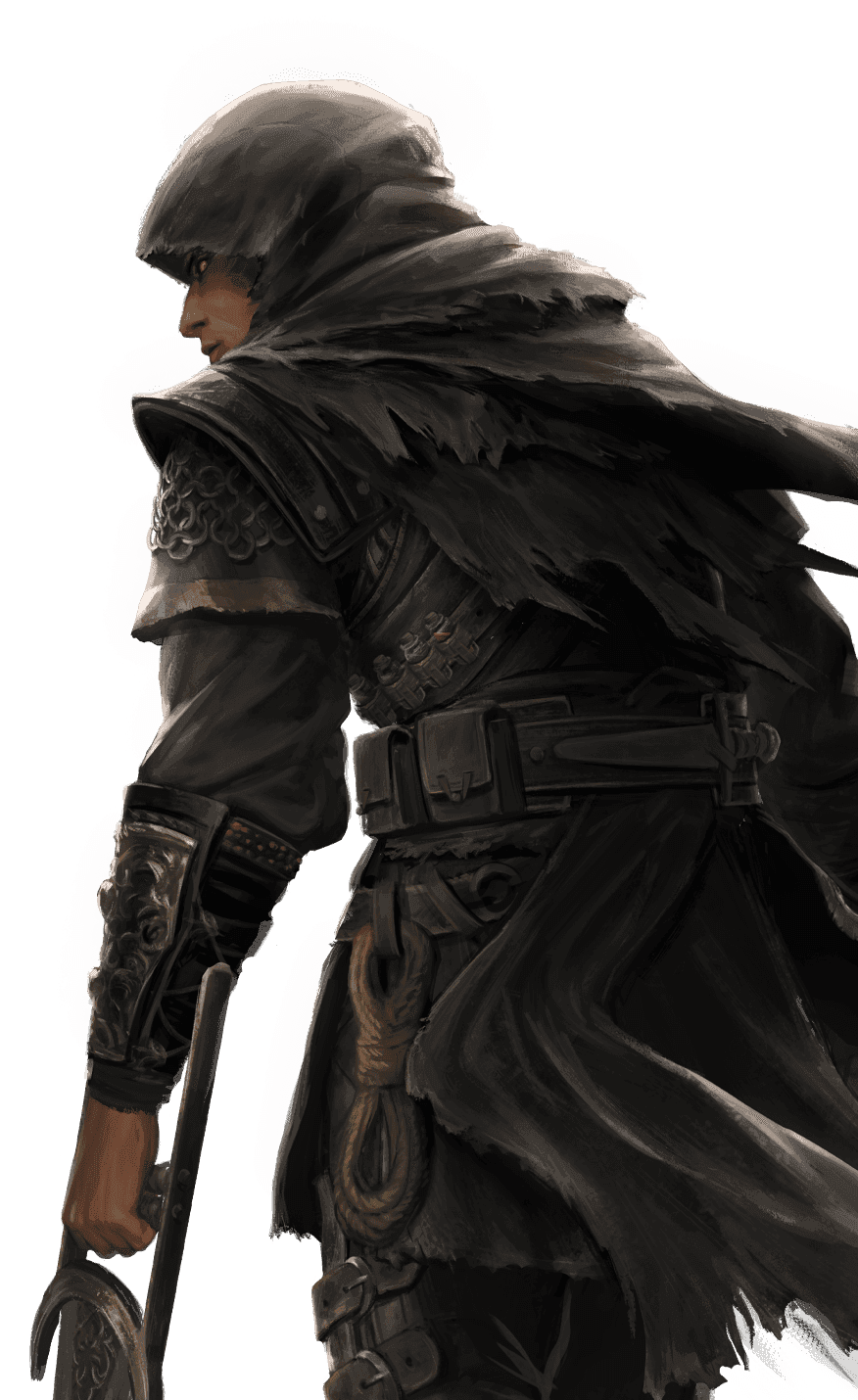A hooded figure with a blade in their left hand walks away while looking over their shoulder with one glowing red eye