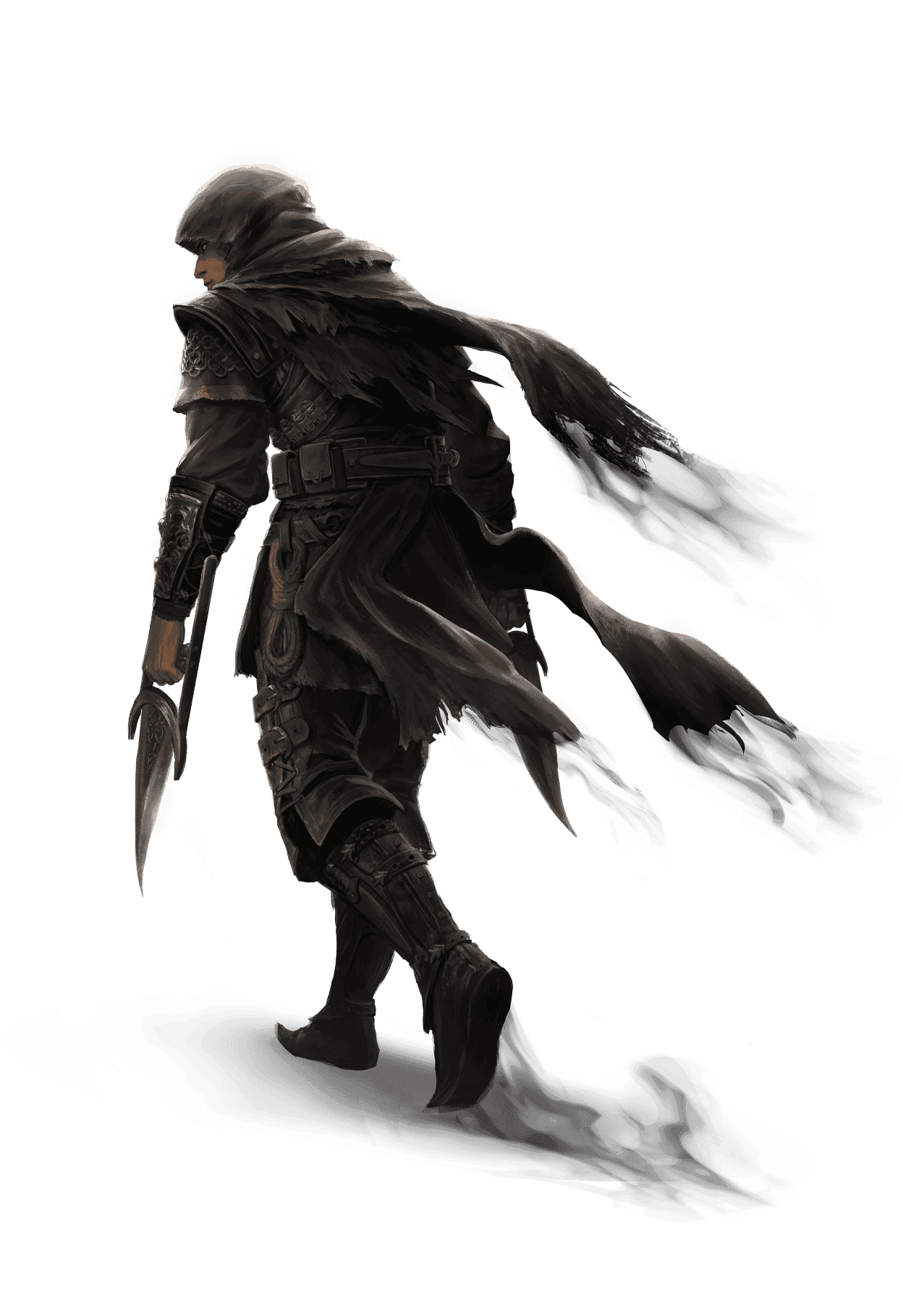 A hooded figure with a blade in their left hand walks away while looking over their shoulder with one glowing red eye