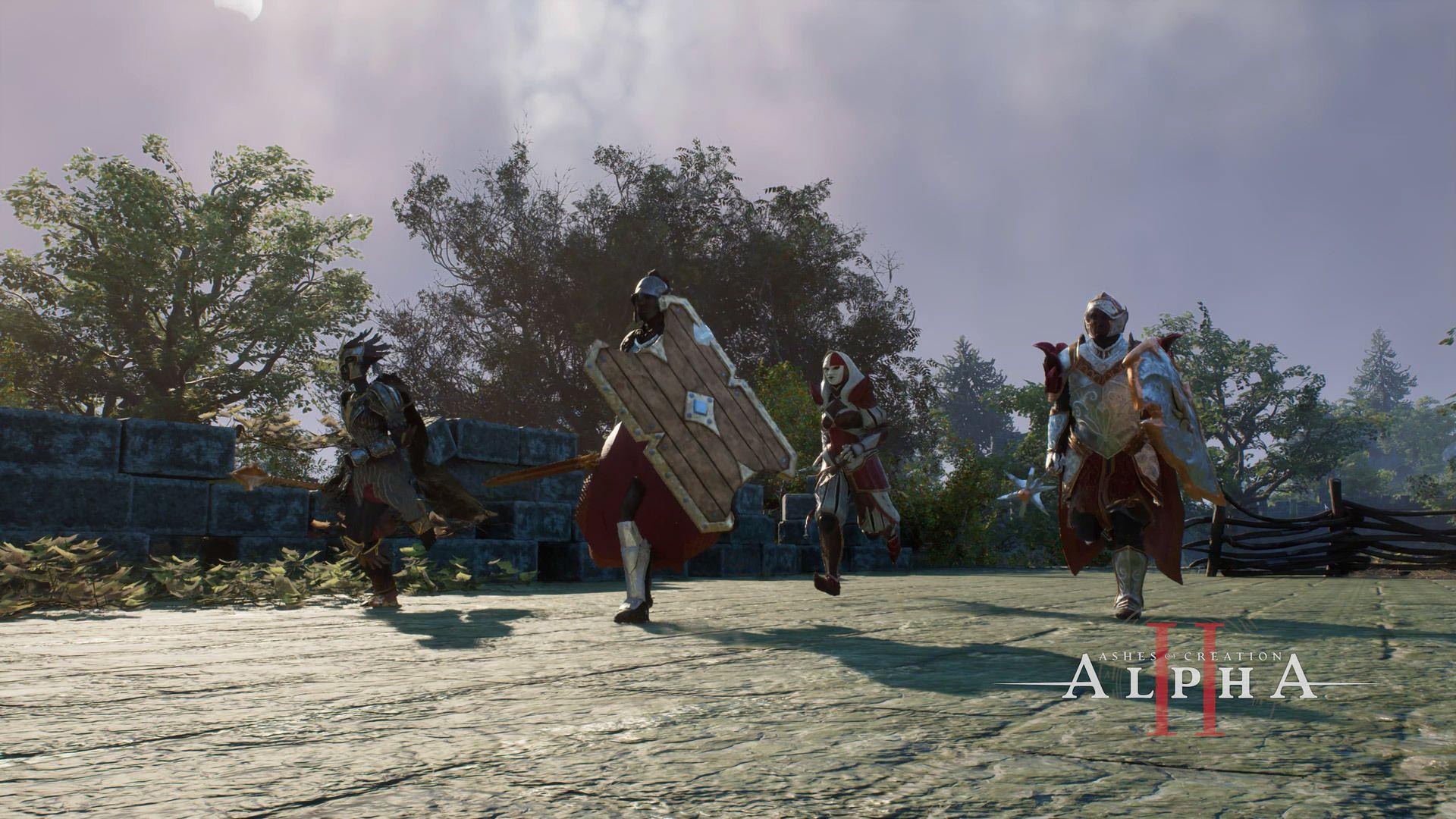 4 heroes of varying archetypes racing towards an adventure down a trotted dirt path..