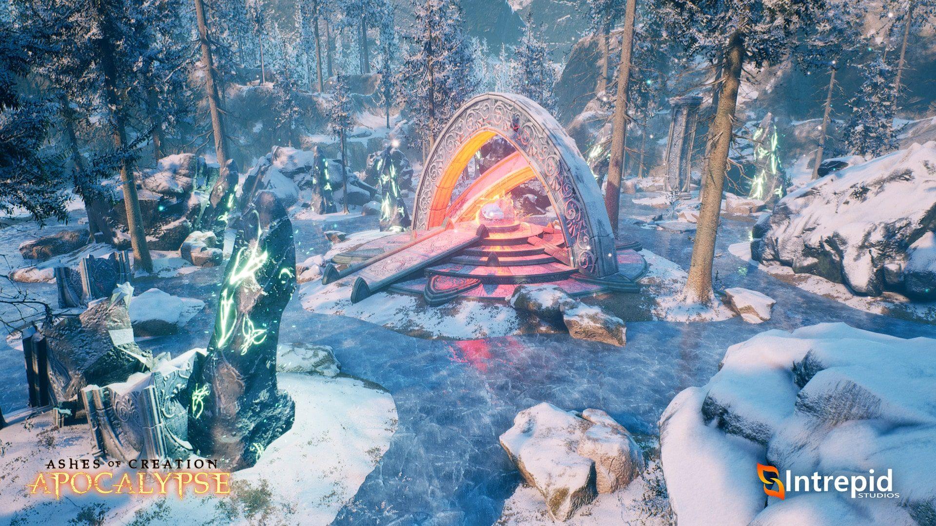 A winter forest scene with a frozen pond and an island in the center of it. On the island is an arched portal with a center object lit up.