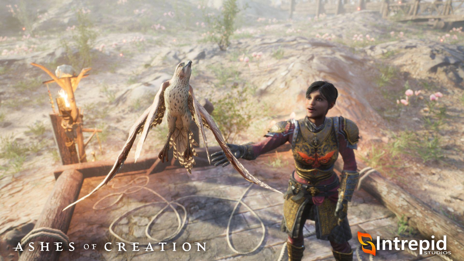 A man in golden armor stands with a smile on his face as he releases a falcon like creature with four wings into the sky.