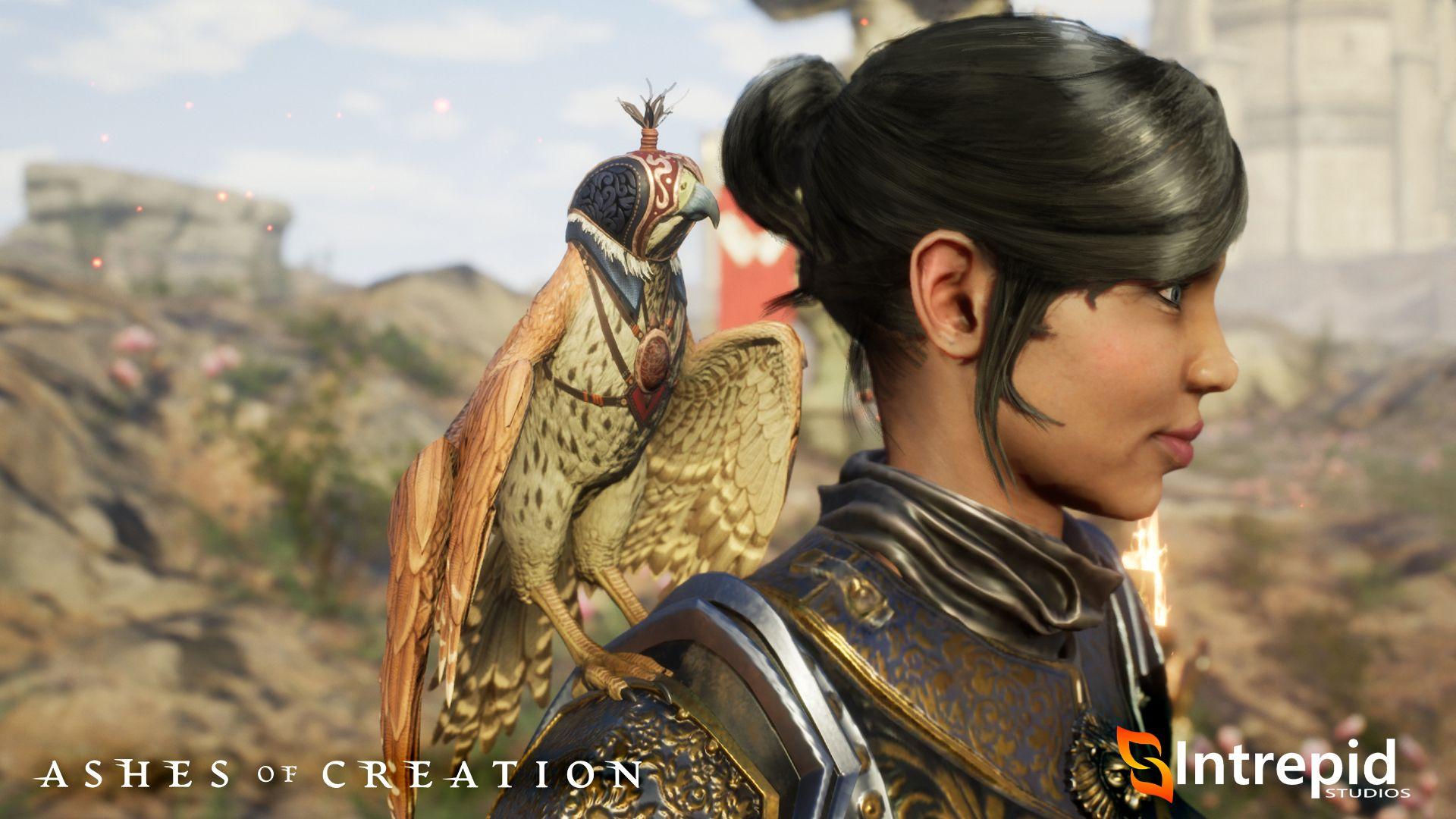 A close up of a female with a small black bun and a falcon like creature with four wings perched on her shoulder.