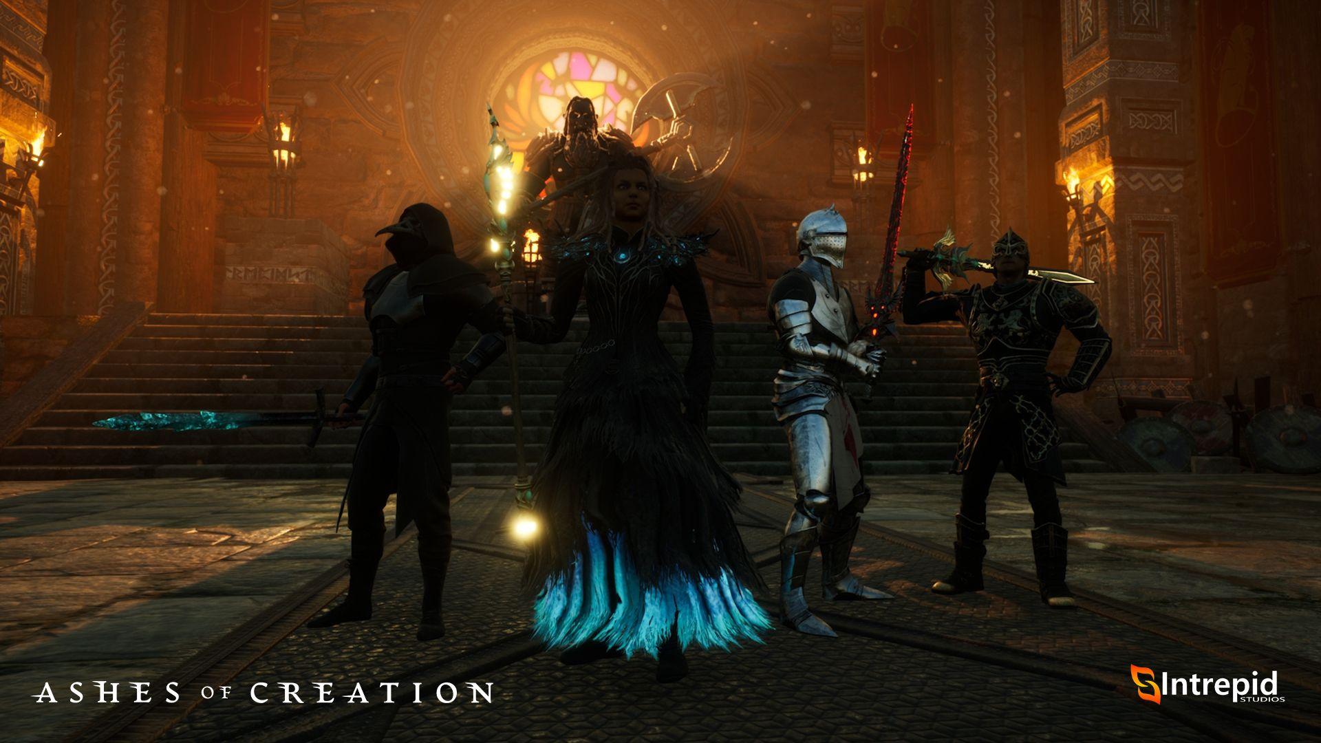 5 heroic characters with varying armor and weapons are backlit by a giant stained glass window.