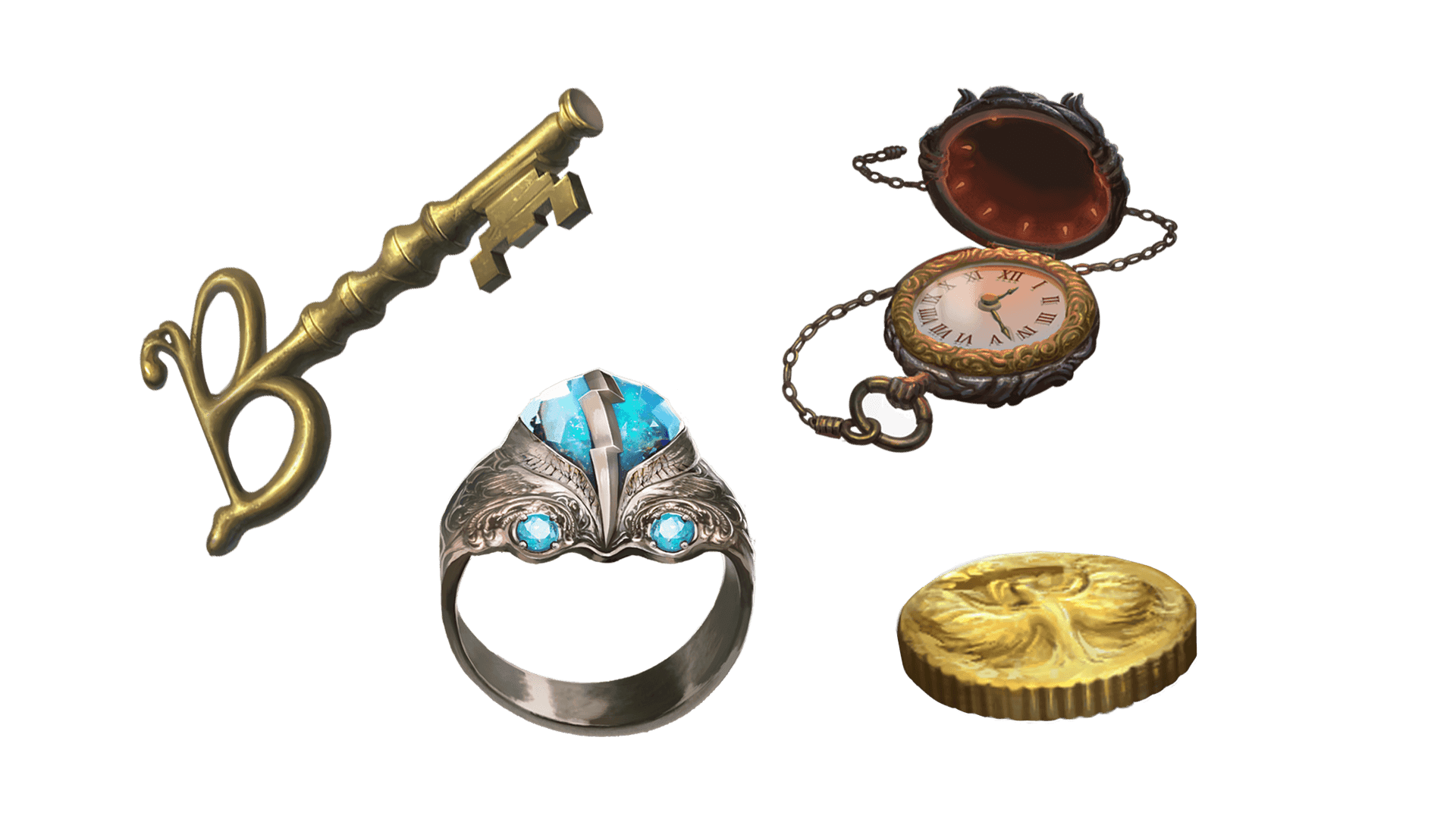 4 images of items included in the wayfarer pre-order package. A pocket watch for game time, a coin for embers, a key for game access, and the accessory