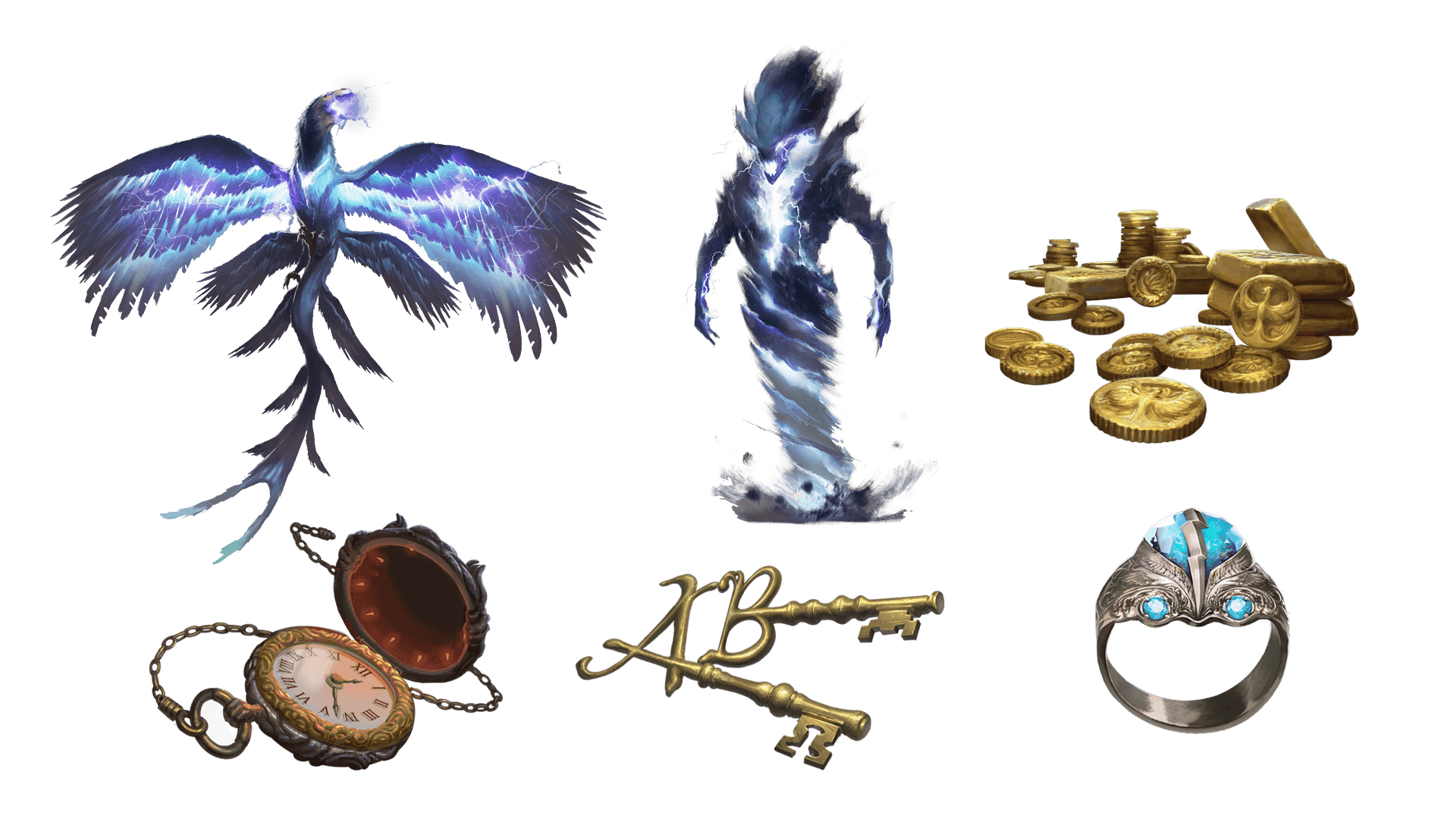 6 images of items included in the voyager pre-order package. A pocket watch for game time, a coin for embers, a key for game access, the accessory, the pet, and mount