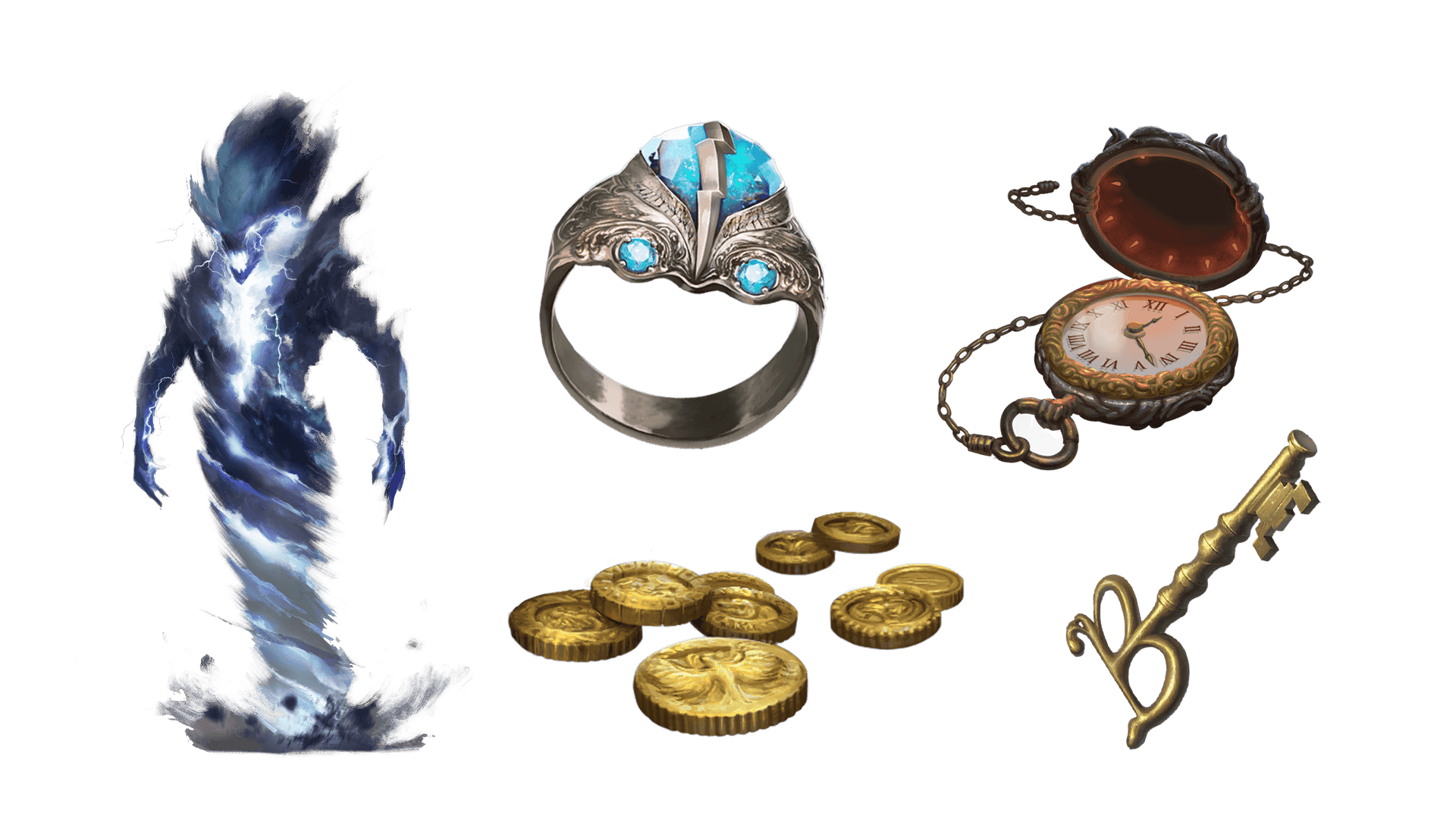 5 images of items included in the expeditionary pre-order package. A pocket watch for game time, a coin for embers, a key for game access, the accessory, and pet  
