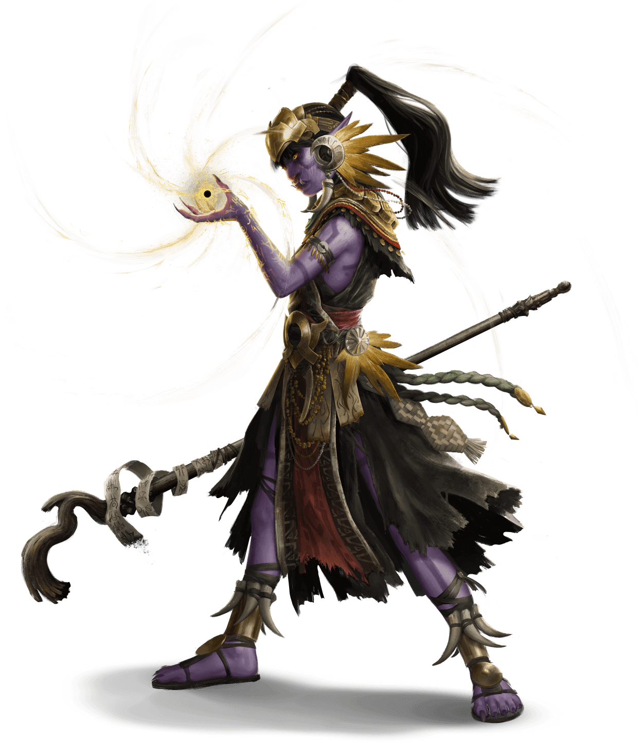 Vek summoner standing sideways staring down at their palm at a swirling orb of yellow energy