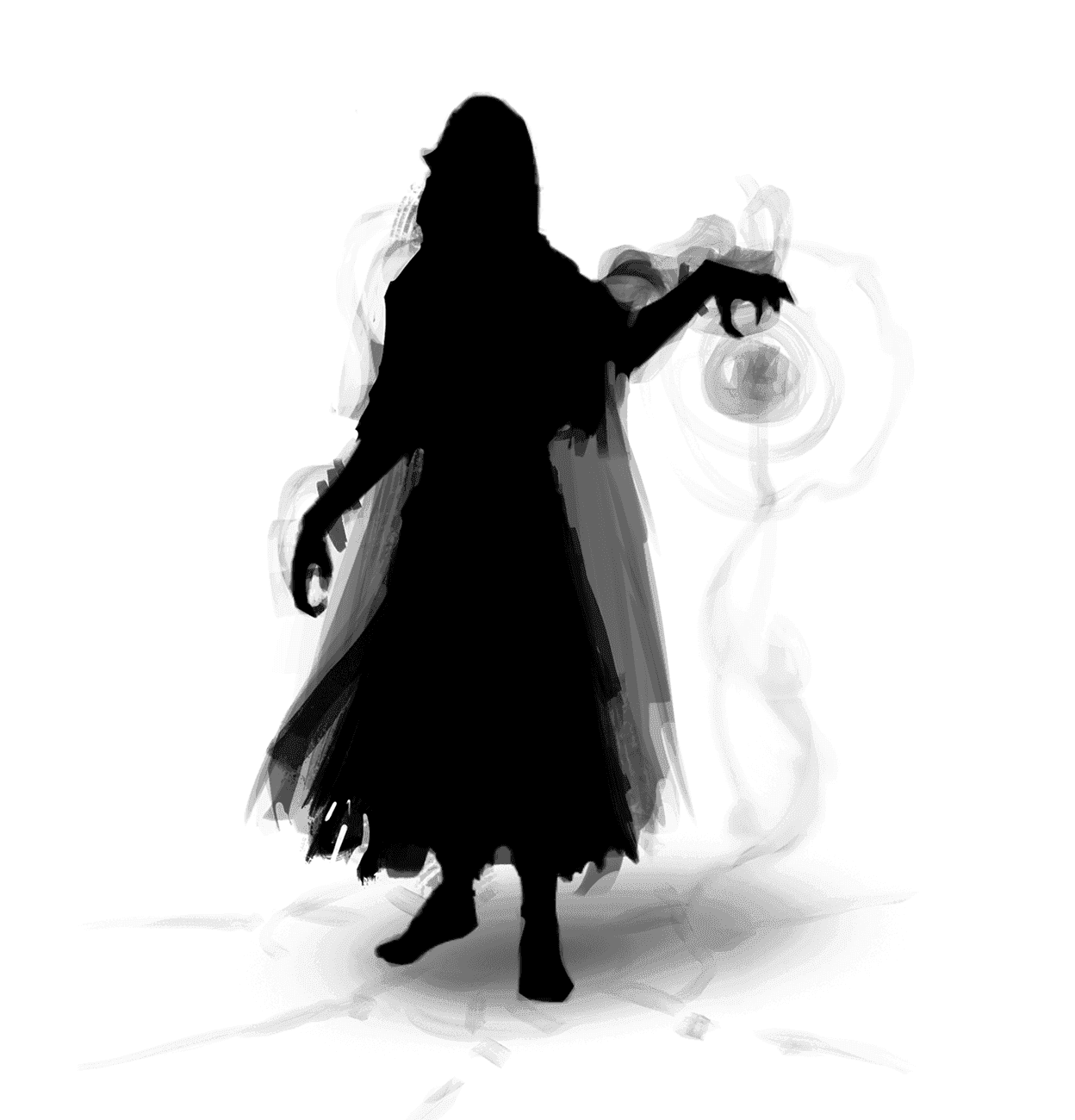 Silhouette of a summoner with left hand raised to its side in a curled claw hand fashion 