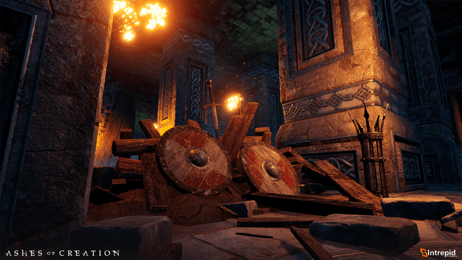 The aftermath of a battle inside a castle walls where a pile of rubble lays and two shield and a sword lean up against it.