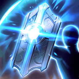 A silhouetted figure holds a silver shield up defensively in their right hand. A light blue magical barrier extends past the edges of the shield, covering the holder.