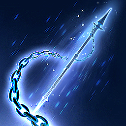A thrown silvery spear points upward with a white glow. A single chain trails behind with the end winding off the bottom of the image