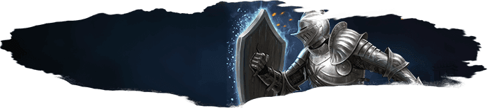 A tank in metal armor with his shield, glowing blue, drawn to the left ready to block whatever attack may come