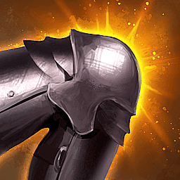 A heavily armored bent knee is centered with a faint yellow glow from behind. The background fades in to a dark orange gold.