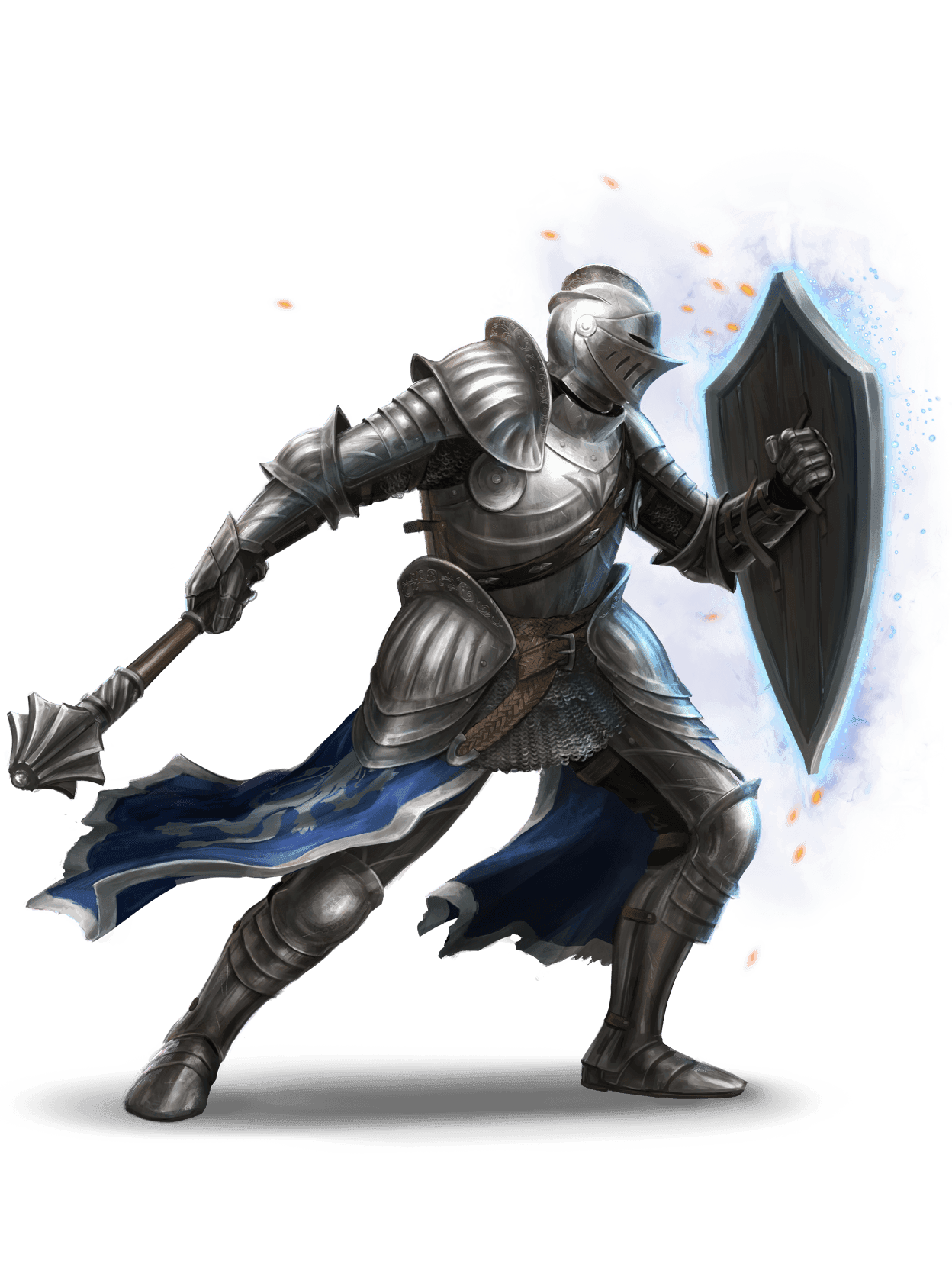 Tank in metal armor braced for battle with their shield up and mace in hand