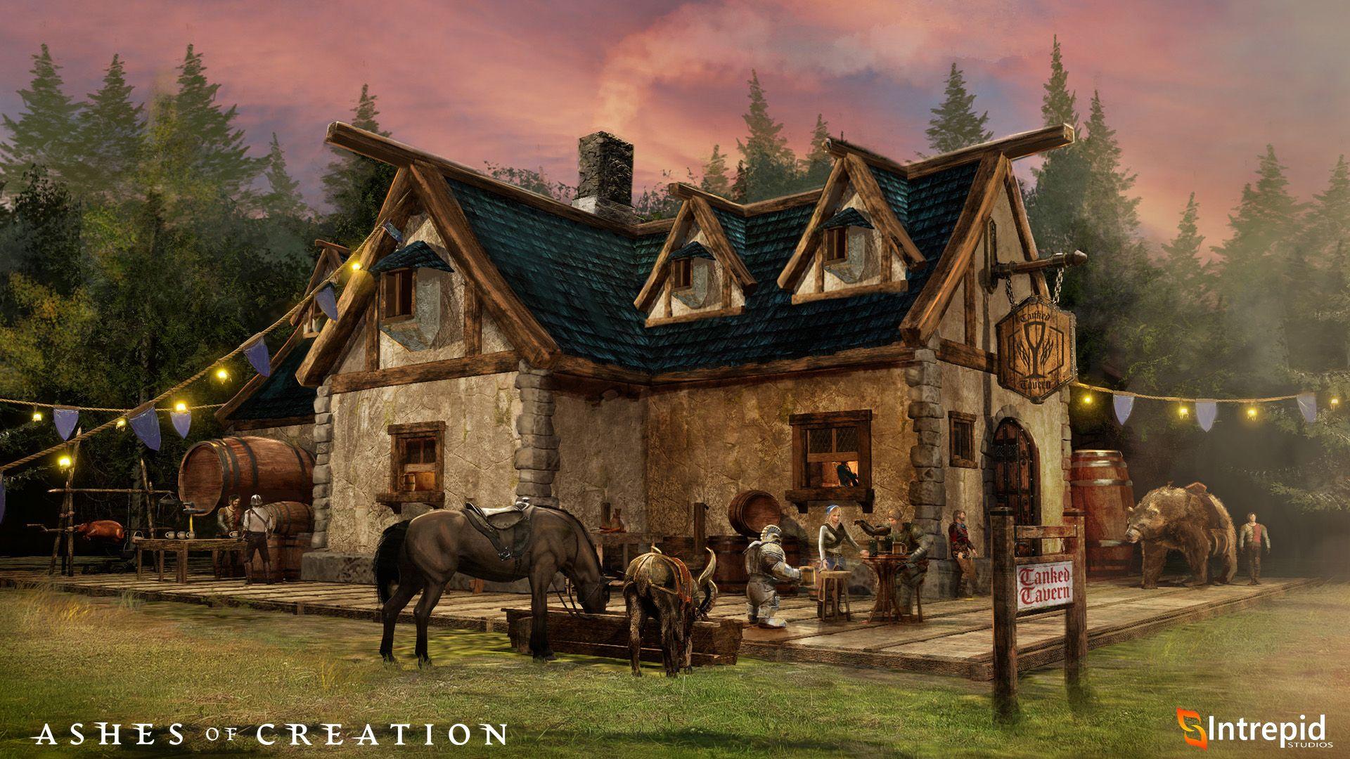 A two story Kaelar cottage made of stone with a green roof. The cottage sits below a pink sunset trapped in the clouds and pine trees surround it.