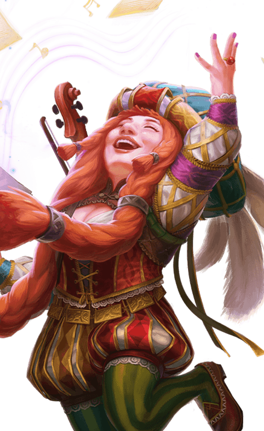 Cheerful Dünir dwarf in colorful bard outfit with magical book open shooting rays and pages out of it