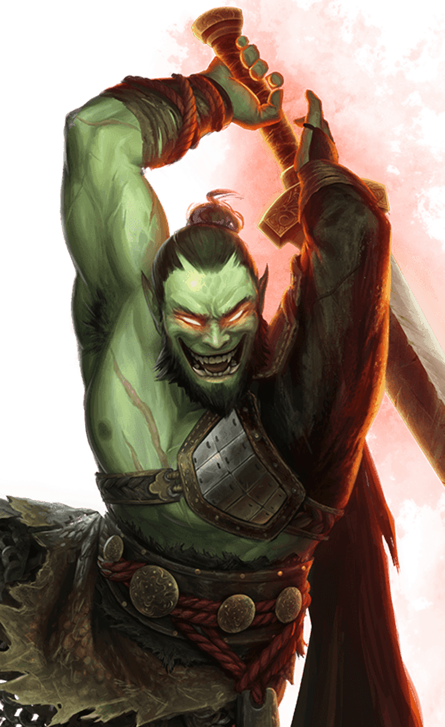 Ren'Kai fighter with glowing red eyes and red sword drawn high above its head about to strike down on its enemy