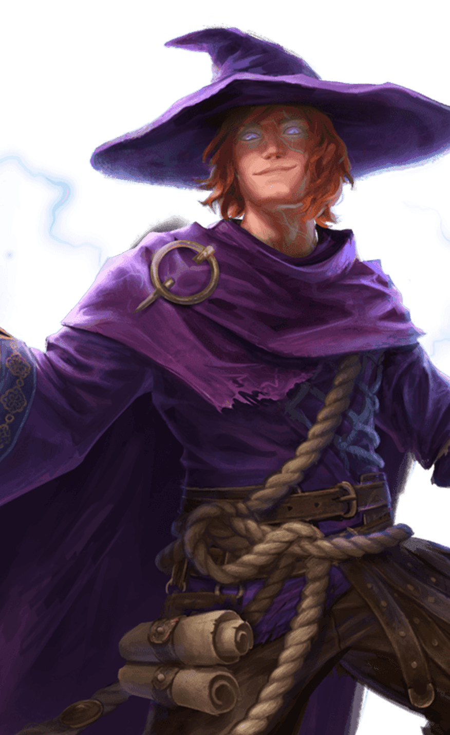 Red headed Mage with glowing blue eyes and purple robe and hat has palms facing the sky with lightning glowing in them