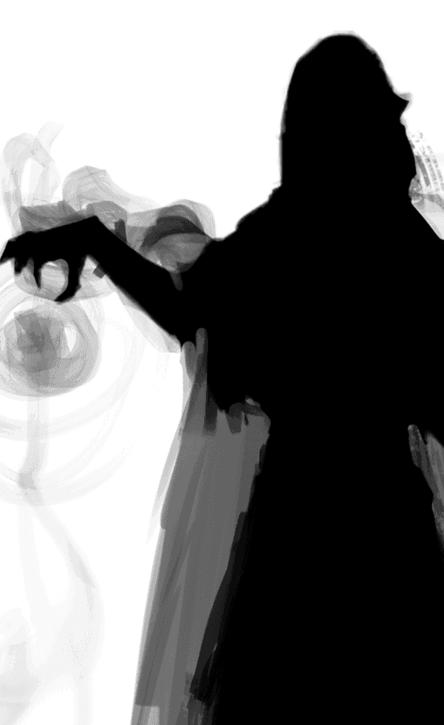 Silhouetted Summoner with a clawed left hand up in the air beside it on a misty grey background