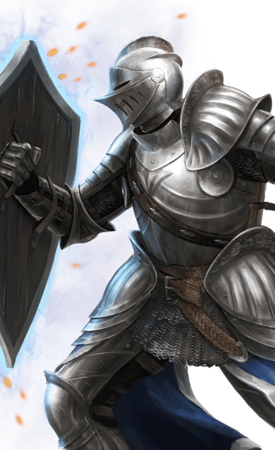 A tank in metal armor with his shield, glowing blue, drawn to the left ready to block whatever attack may come