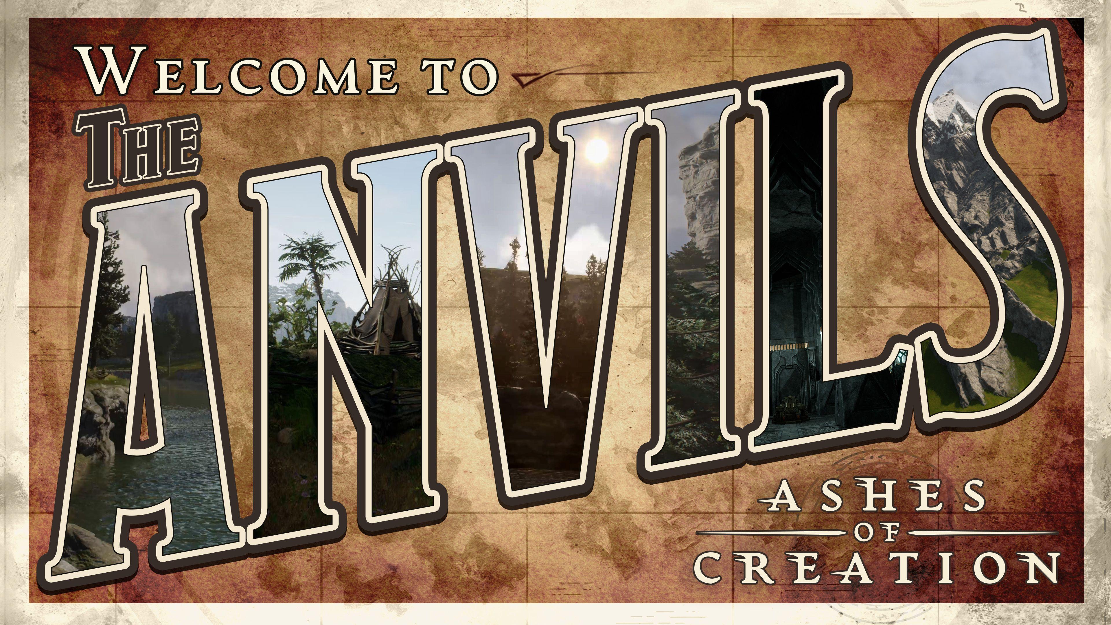 A promotional poster for the Anvils region, showing text with imagery of the region inside the lettered text.