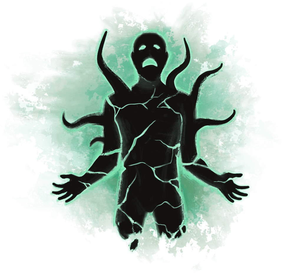 A tortured humanoid figure has tendril like objects bursting from its body and surrounded by a green glow