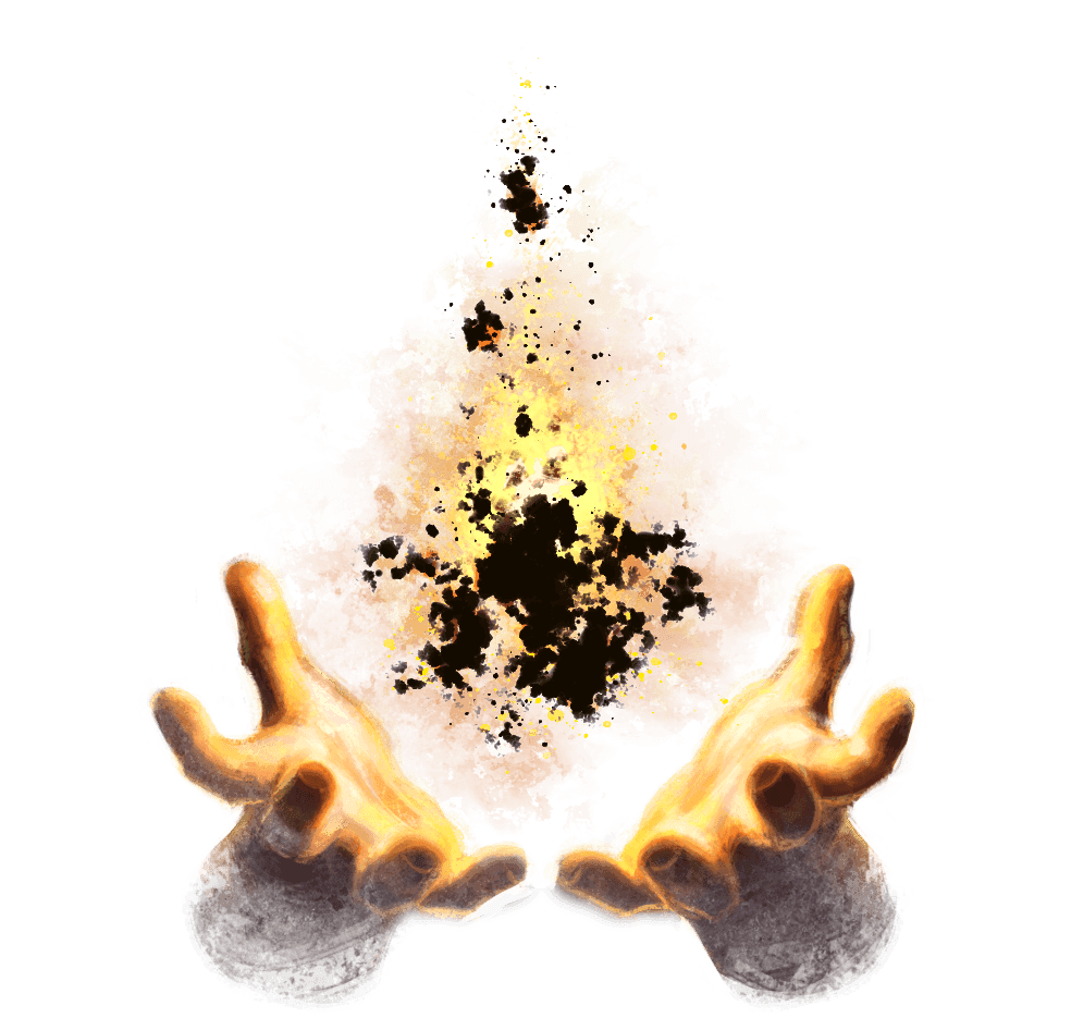Two hands held outright with a fire-like object being held in the center floating above their palms