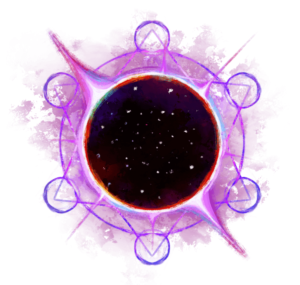 A galactic portal opening in the sky with rings of purple and pink surrounding it 