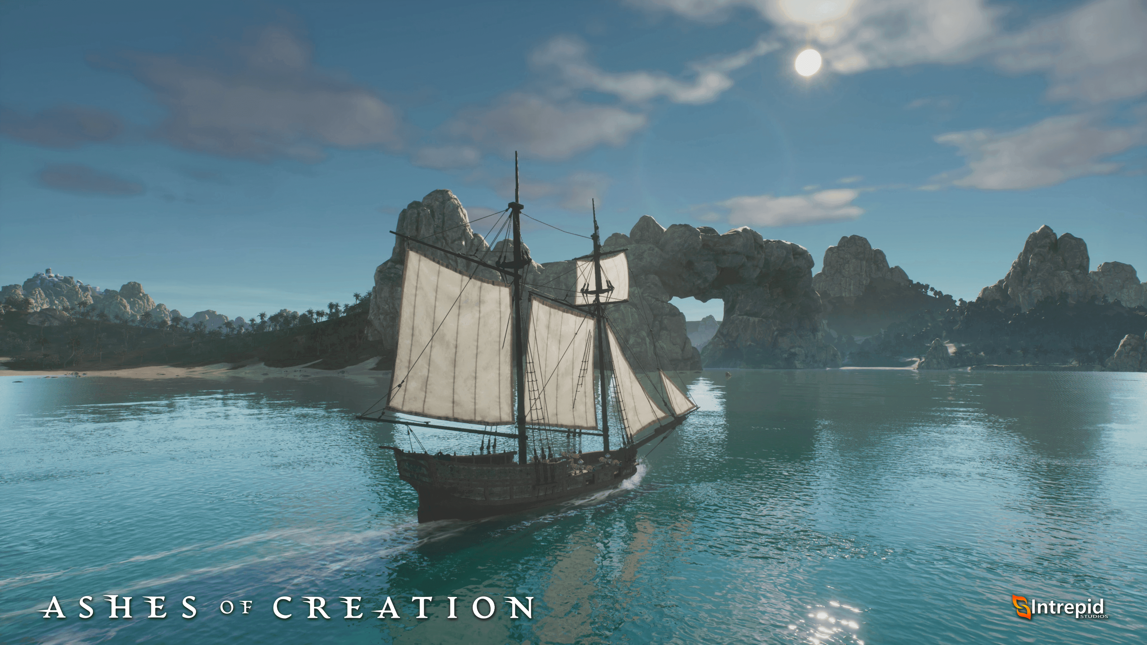An image of a boat sailing at sea with some towering rock formations in the background.
