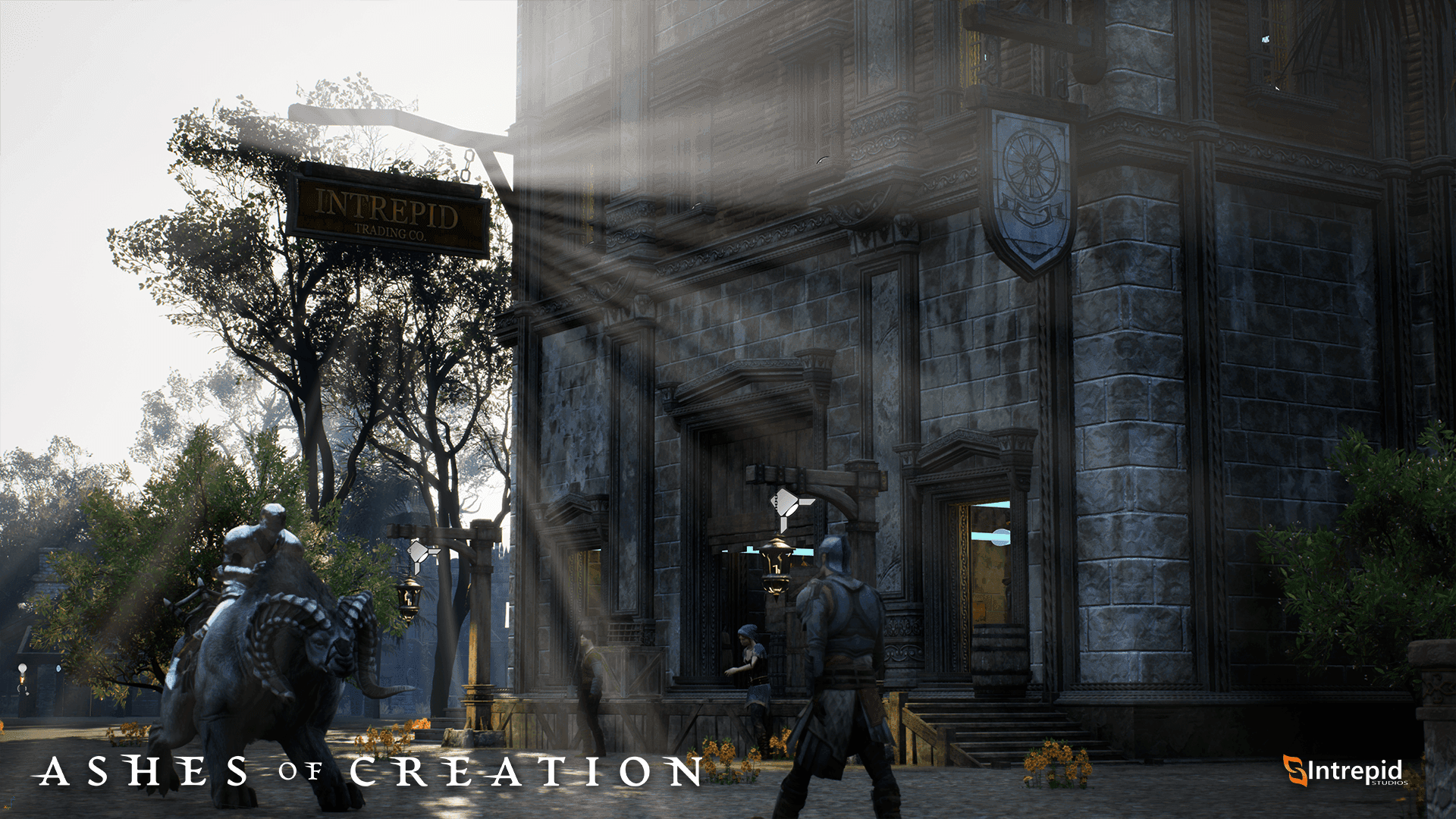 A giant stone building with a sign for the Intrepid trading co. stands to the bottom right of the image with god rays coming down around it.