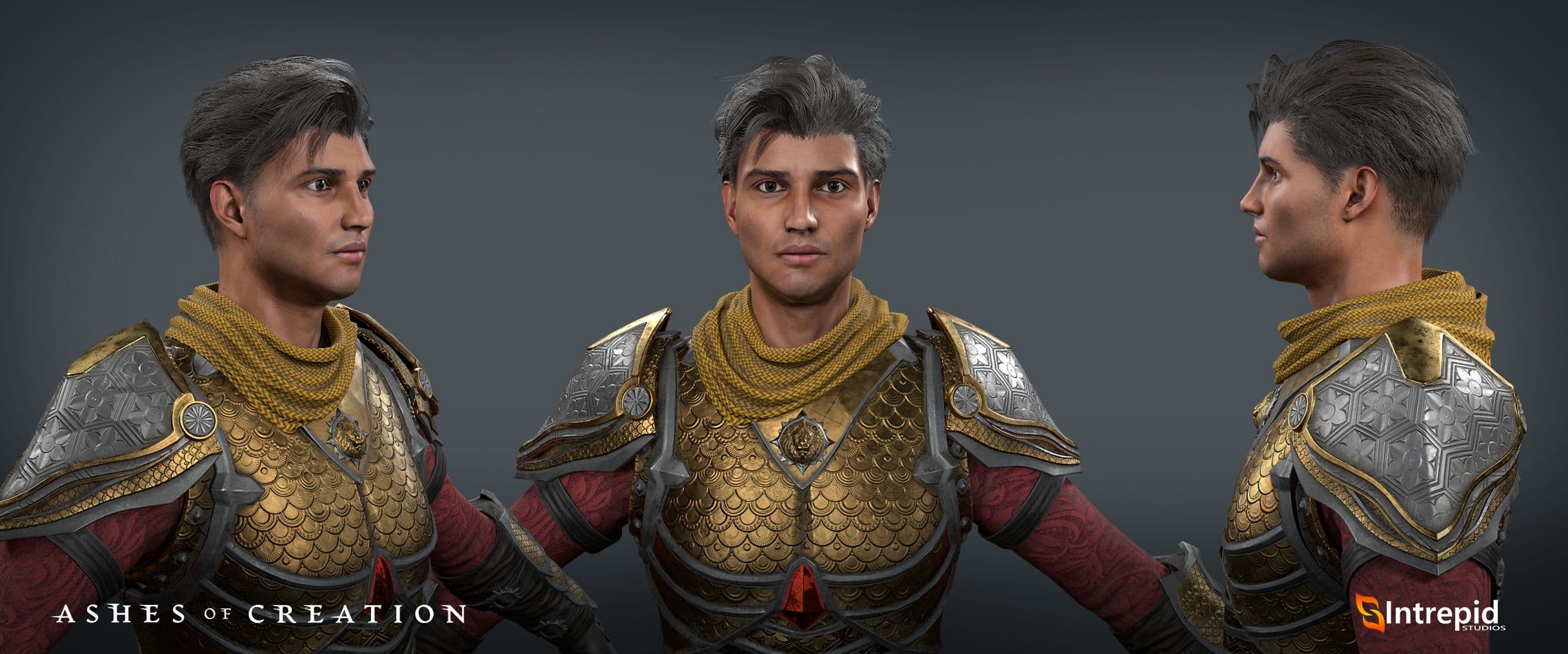 Mid shot front and side view of a Vaelune male. The male has a short neat haircut and a gold and silver breastplate with a circular yellow scarf around his neck.
