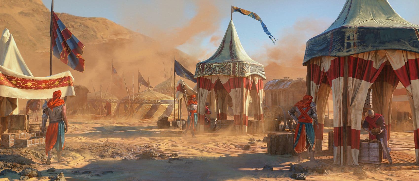 A Vaelune camp set up in the middle of a dusty desert. There are three tents all made up of white, red, and blue canvas material.