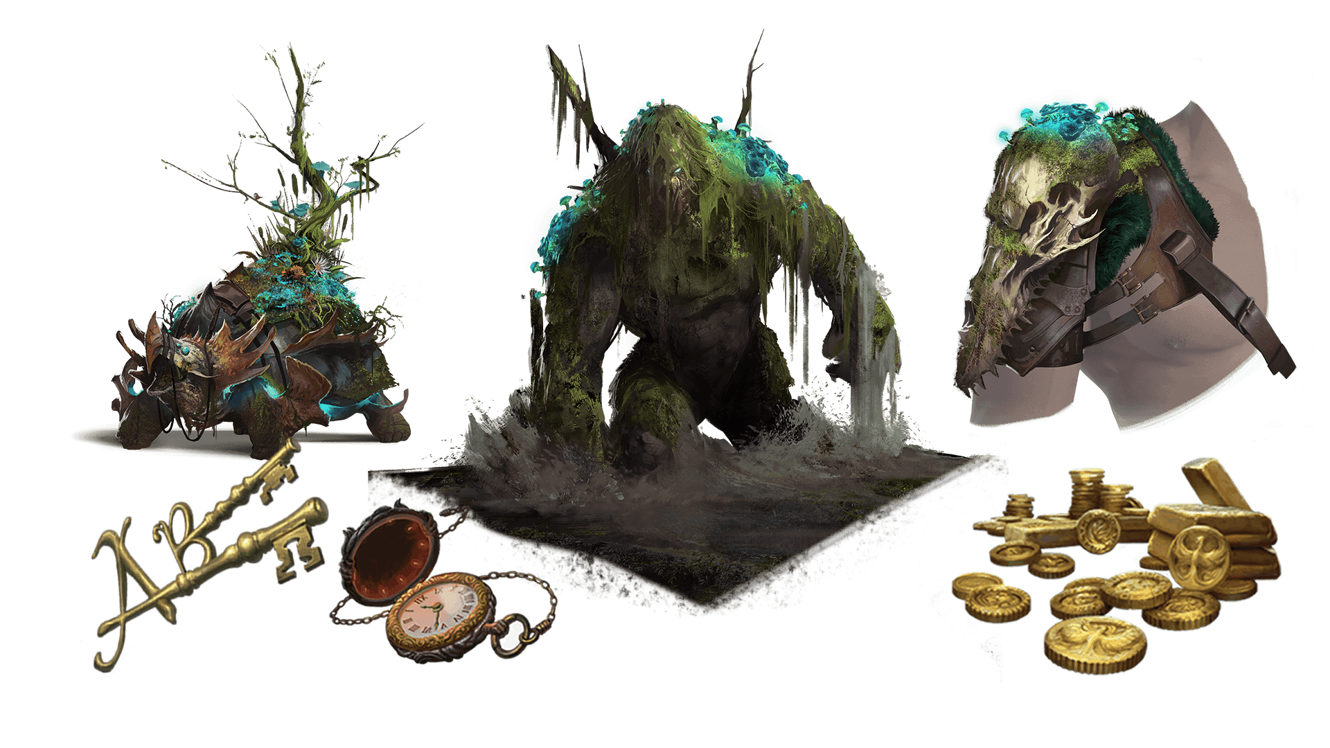 6 images of items included in the voyager pre-order package. A pocket watch for game time, a coin for embers, a key for game access, the accessory, the pet, and mount