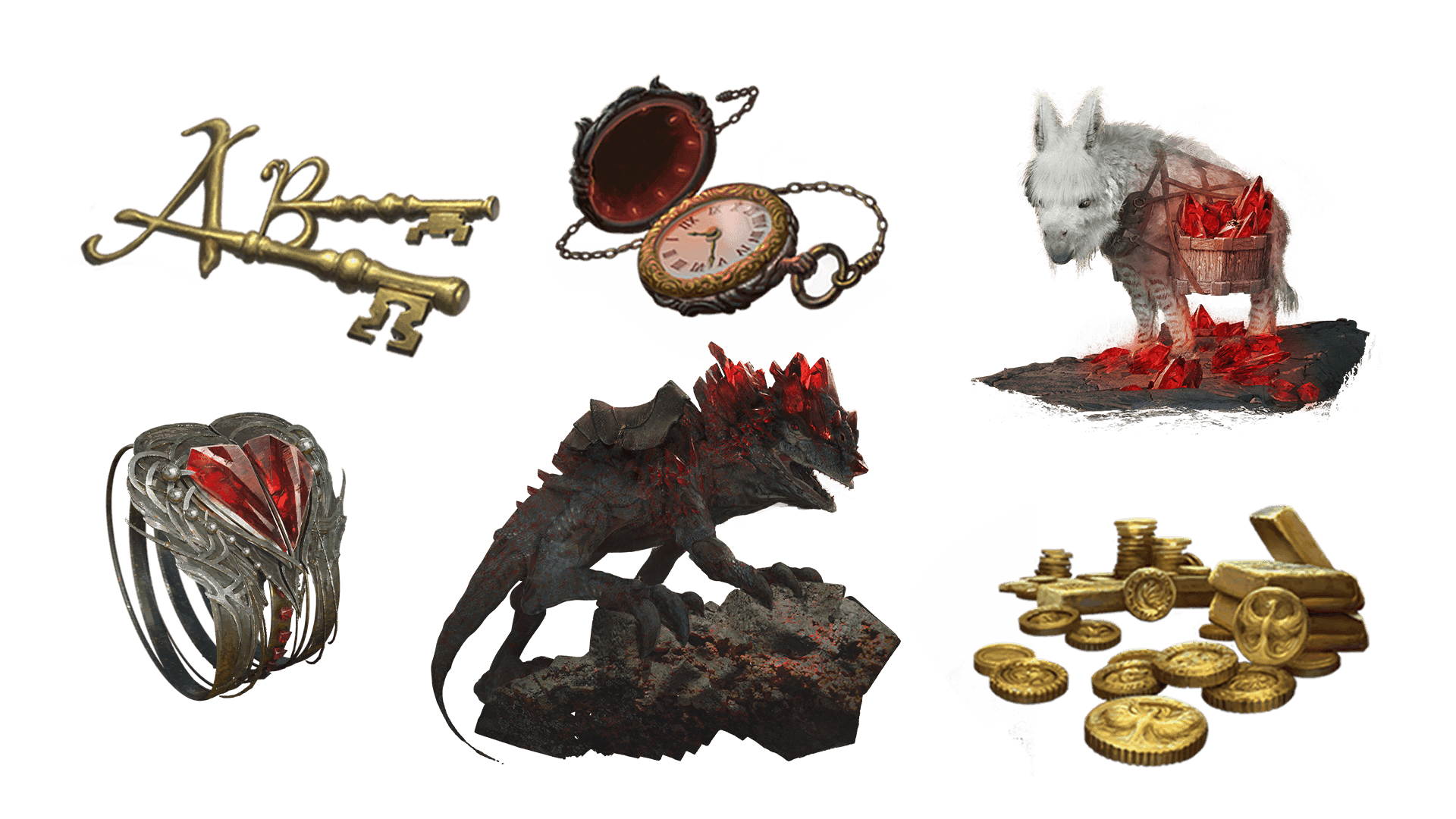 6 images of items included in the voyager pre-order package. A pocket watch for game time, a coin for embers, a key for game access, the accessory, the pet, and mount