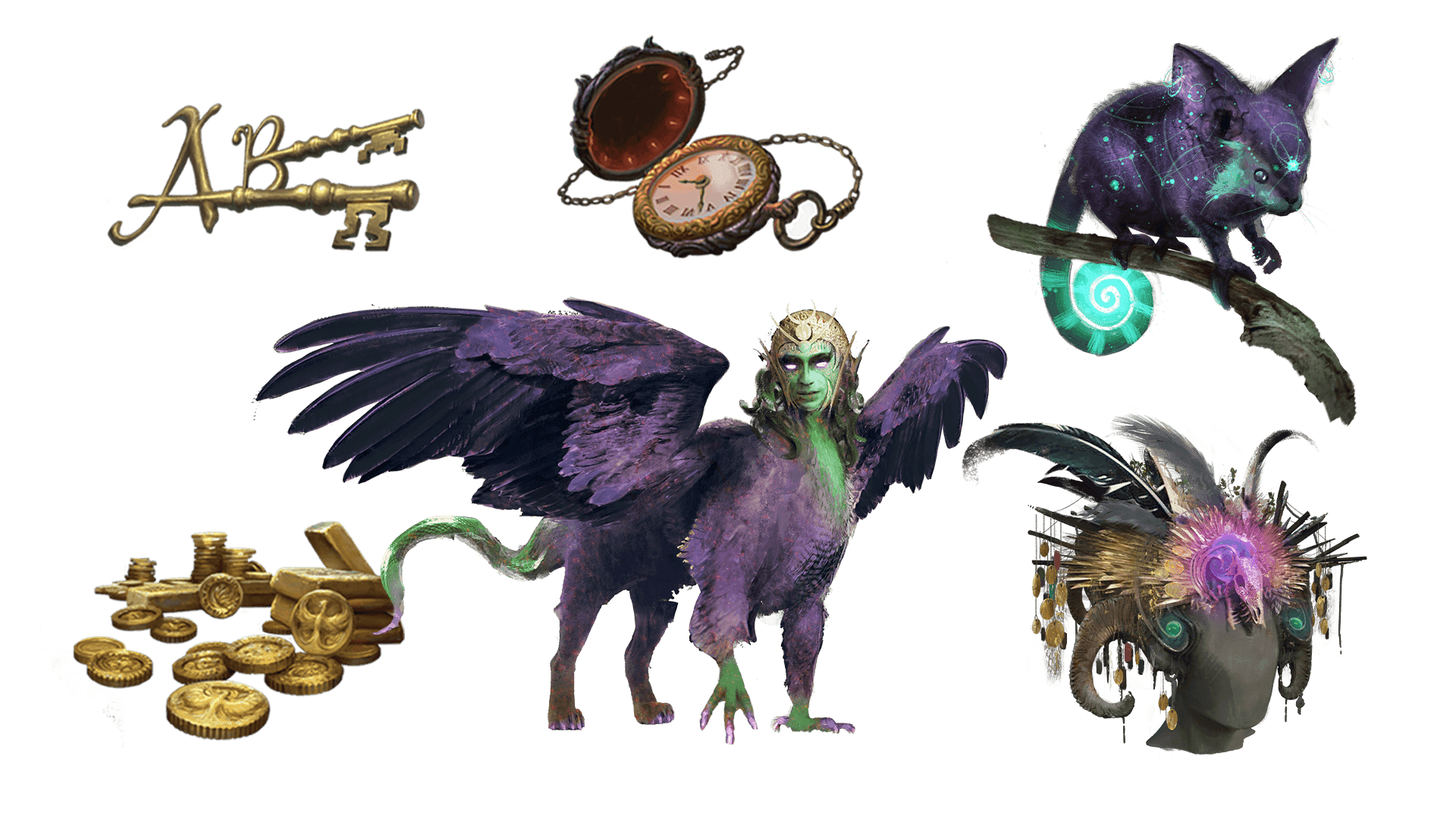 6 images of items included in the voyager pre-order package. A pocket watch for game time, a coin for embers, a key for game access, the accessory, the pet, and mount