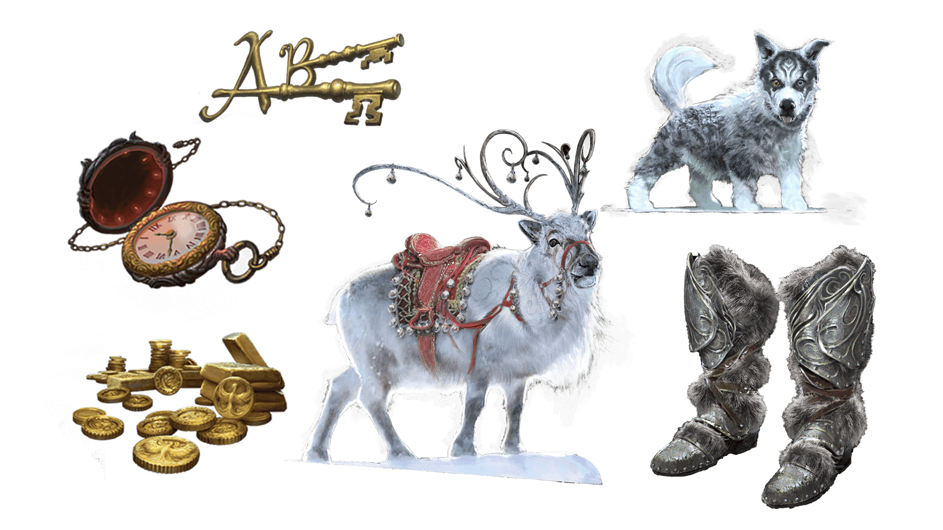 6 images of items included in the voyager pre-order package. A pocket watch for game time, a coin for embers, a key for game access, the accessory, the pet, and mount