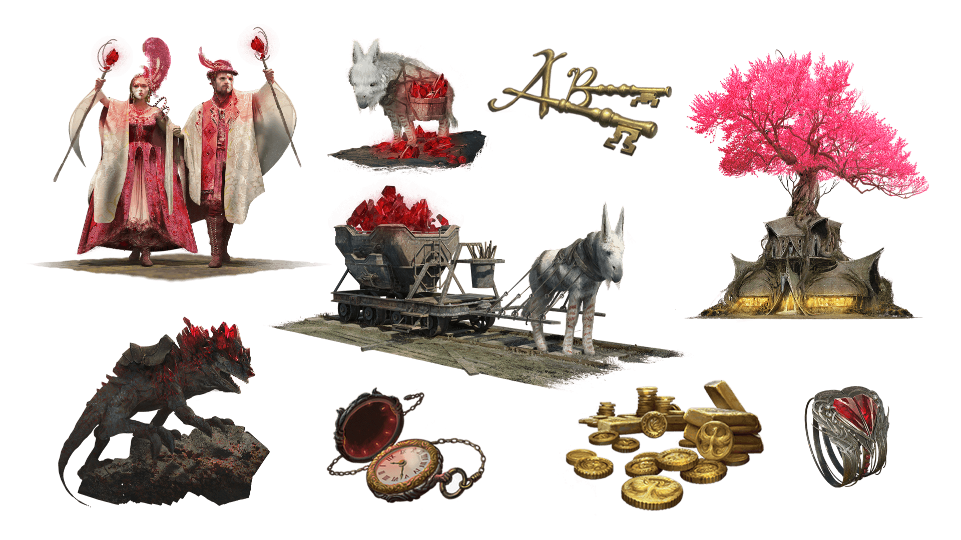 9 images of items included in the voyager plus pre-order package. A pocket watch for game time, a coin for embers, a key for game access, the accessory, the pet, mount, costume, caravan, and freehold